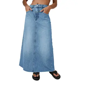 Imily Bela Women's Solid Vintage High-Waist A-Line Denim Maxi Skirt - Comfortable Button Front Skirt with Frayed Hem, Pockets, Zipper, Premium Fabric for Casual Wear