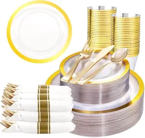 Liacere 350PCS Clear Gold Plastic Plates for 50 Guests Dinnerware Include 100 disposable Plates 150 Gold Silverware 50Napkins for Party & Wedding & New Year & Christmas