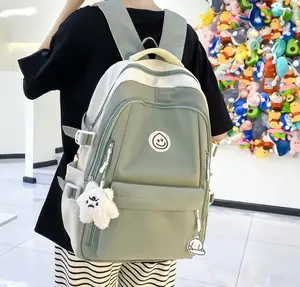 Casual Neutral Green Backpack with Smiley Patch