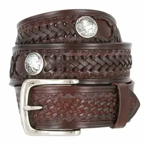 Men's Vintage Style Full Grain Hand Laced Leather Belt (4) Buffalo Nickle Conchos: 32"- 46" 1-1/2" WIDE, Meaningful Gift for Dad