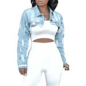 Crop Top Jean Jacket Button Down Long Sleeve Cropped Denim Jacket Coat