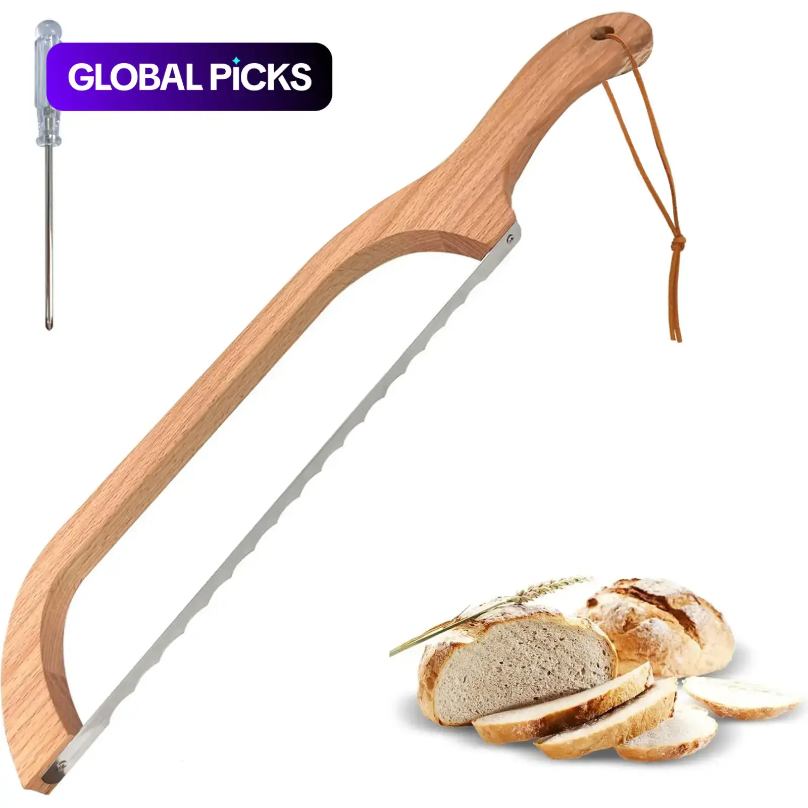 Wooden Bread Slicer with Bread Knife and Screwdriver, Kitchen Cooking Utensils Tools, Cooking Accessories, Stainless Steel Serrated Bread Cutter for Bagels, Baguettes and More #GLOBAL PICKS