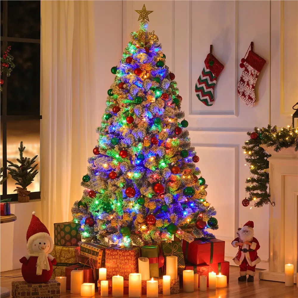 【Multicolored LED 】 Yaheetech Pre-lit Christmas Tree, Hinged Fir with Foldable Stand Flocked Artificial Christmas Tree Holiday Decoration with Multicolored LED Lights of 9 Light Mode