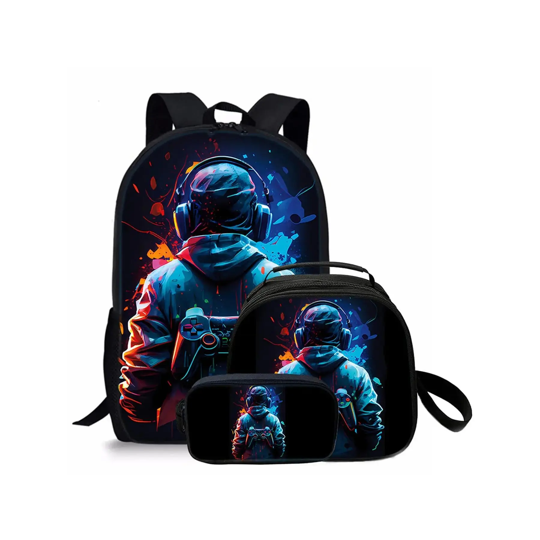 17-in Synthetic Astronaut Pattern Backpack 3-Piece Set - Single-Layer Backpack (for iPad, School Travel), Shoulder Strap Round Lunch Bag, Single-Layer Pencil Bag - Ideal for Parks, Street Chic