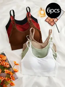 6-piece Set Of Youth Bra, Solid Color, Elastic Knitted Fabric, Detachable Filling, Wireless, Romantic Style, With Adjustable Shoulder Straps And Thread Bra, Suitable For Girls Aged 13-15