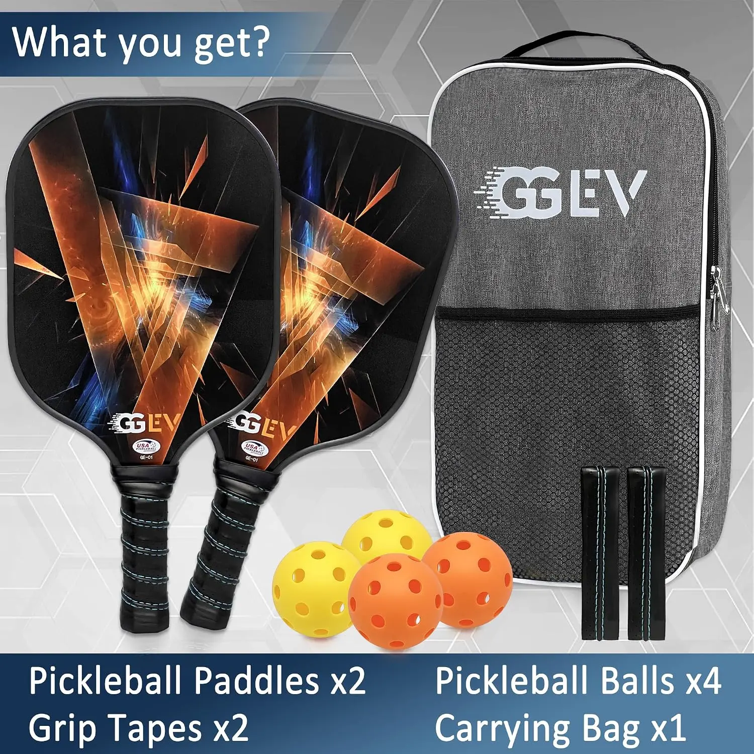 GGEV Pickleball Paddle Set of 2 – USA Pickleball Approved Fiberglass Paddles with 4 Balls, Bag & Grip Tapes