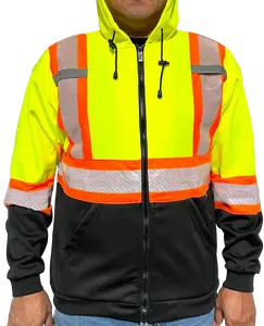 Yellow 2 Tones Long Sleeve Hooded Safety Sweatshirt with Zipper Fleece Knit - Soft Reflective Pockets & Adjustable Hood for Men