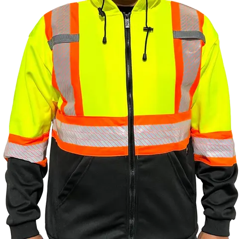 Yellow 2 Tones Long Sleeve Hooded Safety Sweatshirt with Zipper Fleece Knit - Soft Reflective Pockets & Adjustable Hood for Men