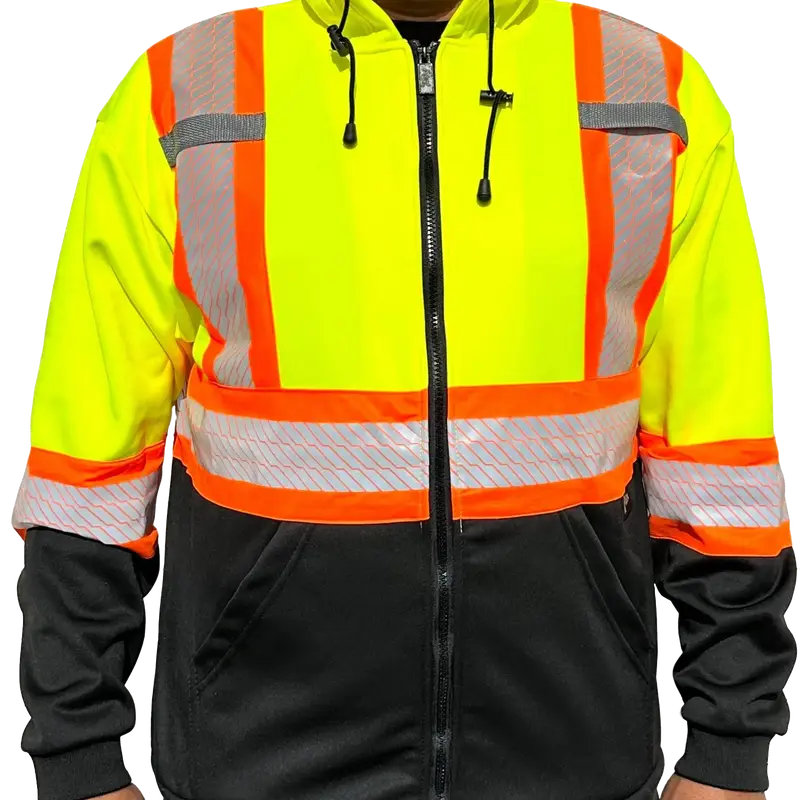 Yellow 2 Tones Long Sleeve Hooded Safety Sweatshirt with Zipper Fleece Knit - Soft Reflective Pockets & Adjustable Hood for Men