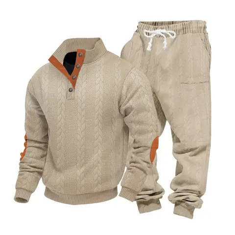 Men's Heavyweight Textured Patchwork Stand Collar Henry Sweatshirt Set, Casual Fleece Warm And Comfortable Set,  Jacket And Trousers, Men's Everyday Wear, Indoor And Outdoor Sportswear, Sportswear Set, Winter Casual Sportswear.