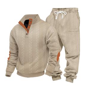 Men's Heavyweight Textured Patchwork Stand Collar Henry Sweatshirt Set, Casual Fleece Warm And Comfortable Set,  Jacket And Trousers, Men's Everyday Wear, Indoor And Outdoor Sportswear, Sportswear Set, Winter Casual Sportswear.