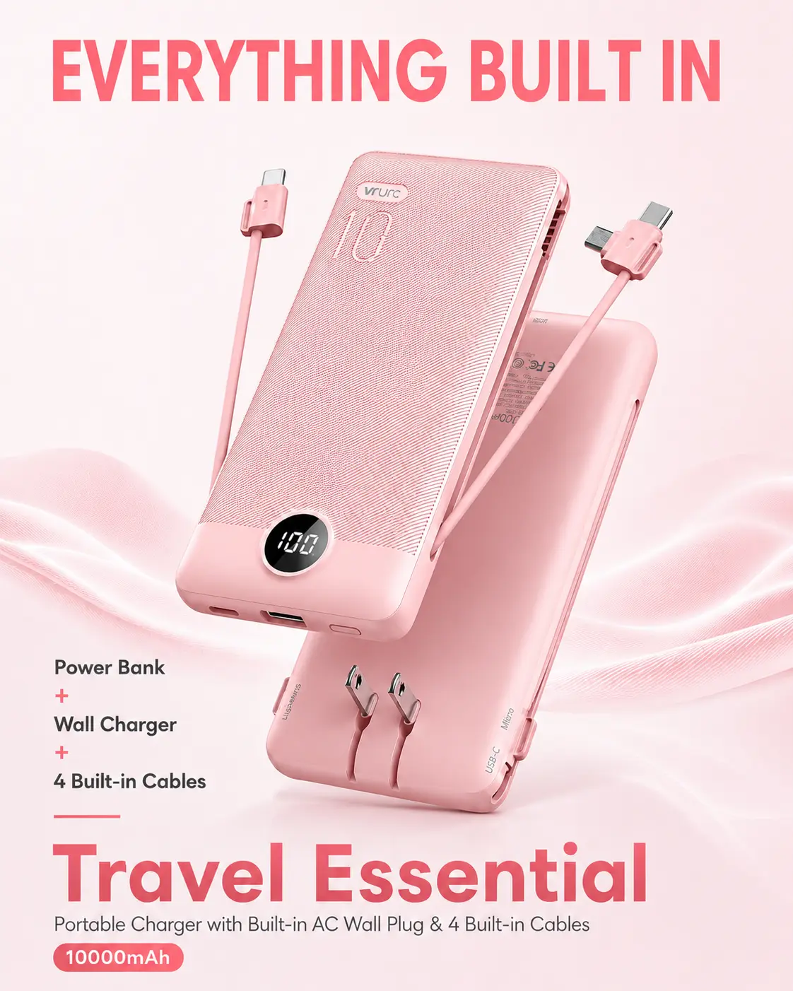 Travel Essential All-in-One Power Bank with Built-in AC Wall Plug & 4 Cables, 10000mAh Portable Charger for iPhone, Samsung & Android