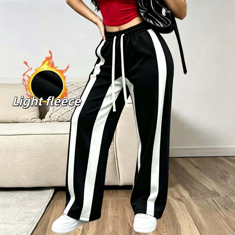 Women's Mid-Rise Lightweight Breathable Stripe Print Wide Leg Sweatpants - Elastic Drawstring Tie, Side White Stripe, Athleisure Bottoms, Soft Comfy All Seasons Sweatpants for Daily Sports Lounge Regular Sizes