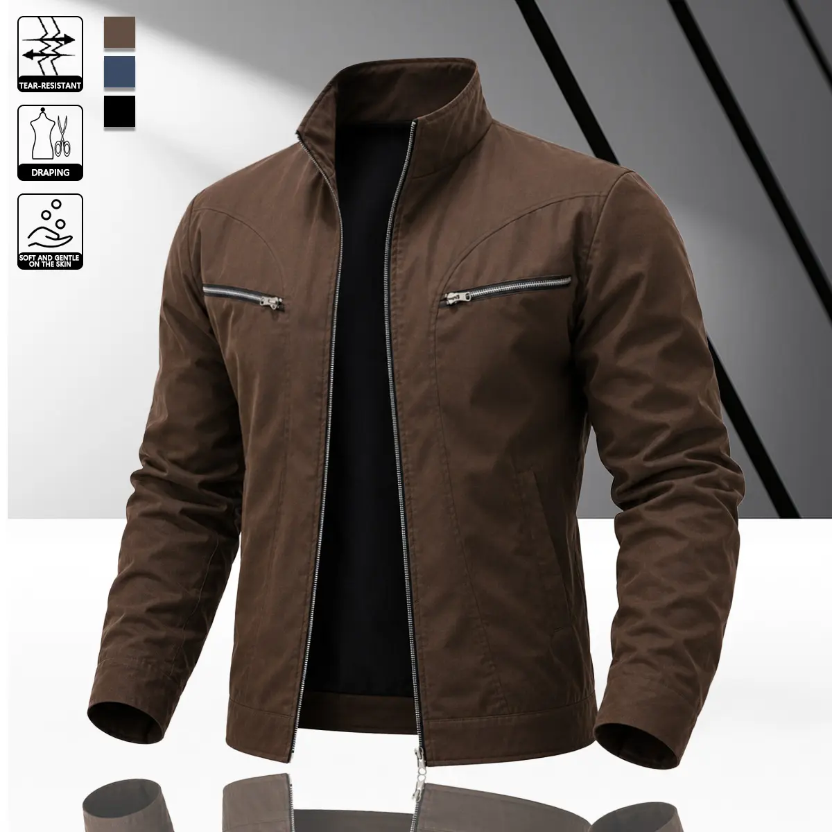 Men’s vintage-style brown work jacket made from durable woven fabric with neat stitching, featuring a classic stand collar and a clean silhouette that enhances a refined look—ideal for dates, office casual wear, and urban strolls.