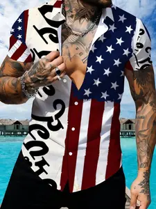 American Flag Pattern Short Sleeve Shirt, Men's Casual Trendy Printed Lapel Top, Summer Fashion Street Style Apparel, Casual style graphic