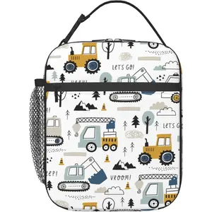 BY-XCBP09  Toddler Boys Lunch Bag Construction Truck Tractor White Insulated Lunch Box for School Kids Age 3-8 Leak Proof Reusable Meal Tote Bag for Kindergarten Preschool
