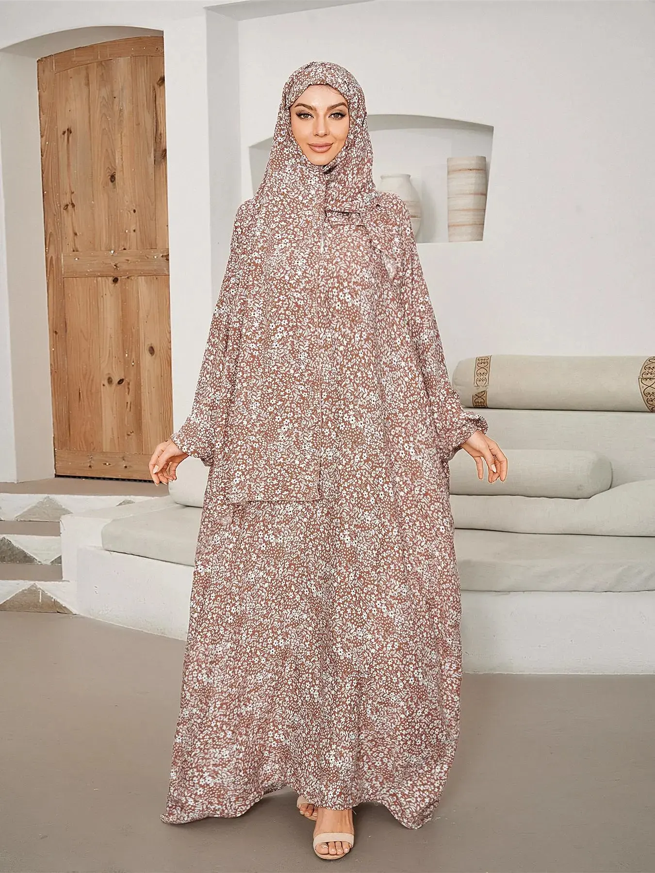 Women's Ditsy Floral Print Hooded Robe Abaya, Modest Long Sleeve Muslim Dress, Ladies Islamic Clothing for All Seasons, Modest Muslim Outfits, Modesty Abaya, Abaya Outer Robe