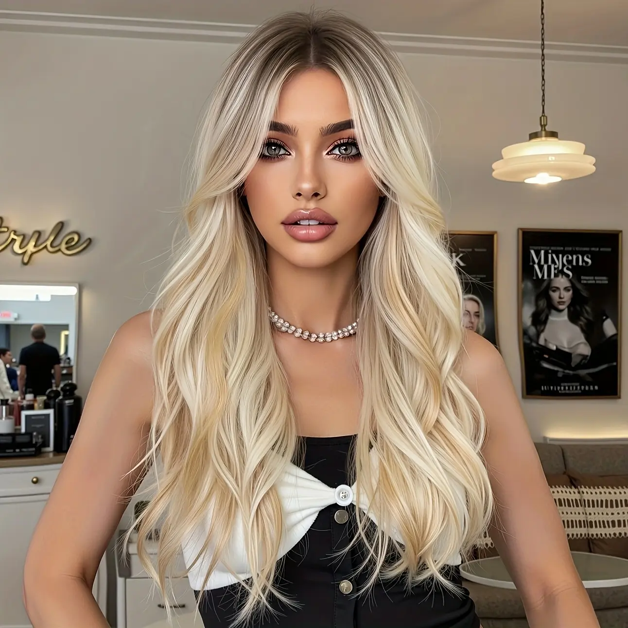 Rooted Blonde Ombre Synthetic Hair Wig, Long Body Wave Style with Layered Face-Framing Bangs and Realistic Bounce for All-Season Wear, Heat Resistant, Waves, Long Layers, Medium Length, Daily Outings, Casual Events, Bang Framing, Cocktail Parties
