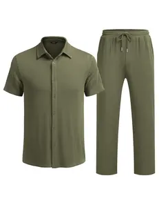 COOFANDY Men's 2 Piece Outfit Casual Short Sleeve Button Down Shirt Beach Summer Loose Pant Sets