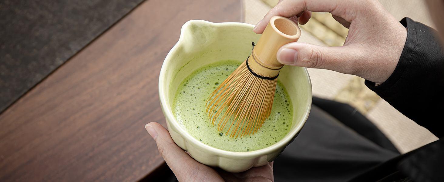 Matcha Whisk Set, Matcha Bowl with Spout, Matcha Whisk, Chasen Holder, Sifter, Bamboo Scoop - 5 Pcs Perfect Matcha Making Kit for Matcha Lover and Tea Ceremony (Speckled Green)
