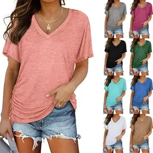 Women's Clothing 2026 New Solid Color Batwing Sleeve Side Ruched V-Neck Short Sleeve T-Shirt
