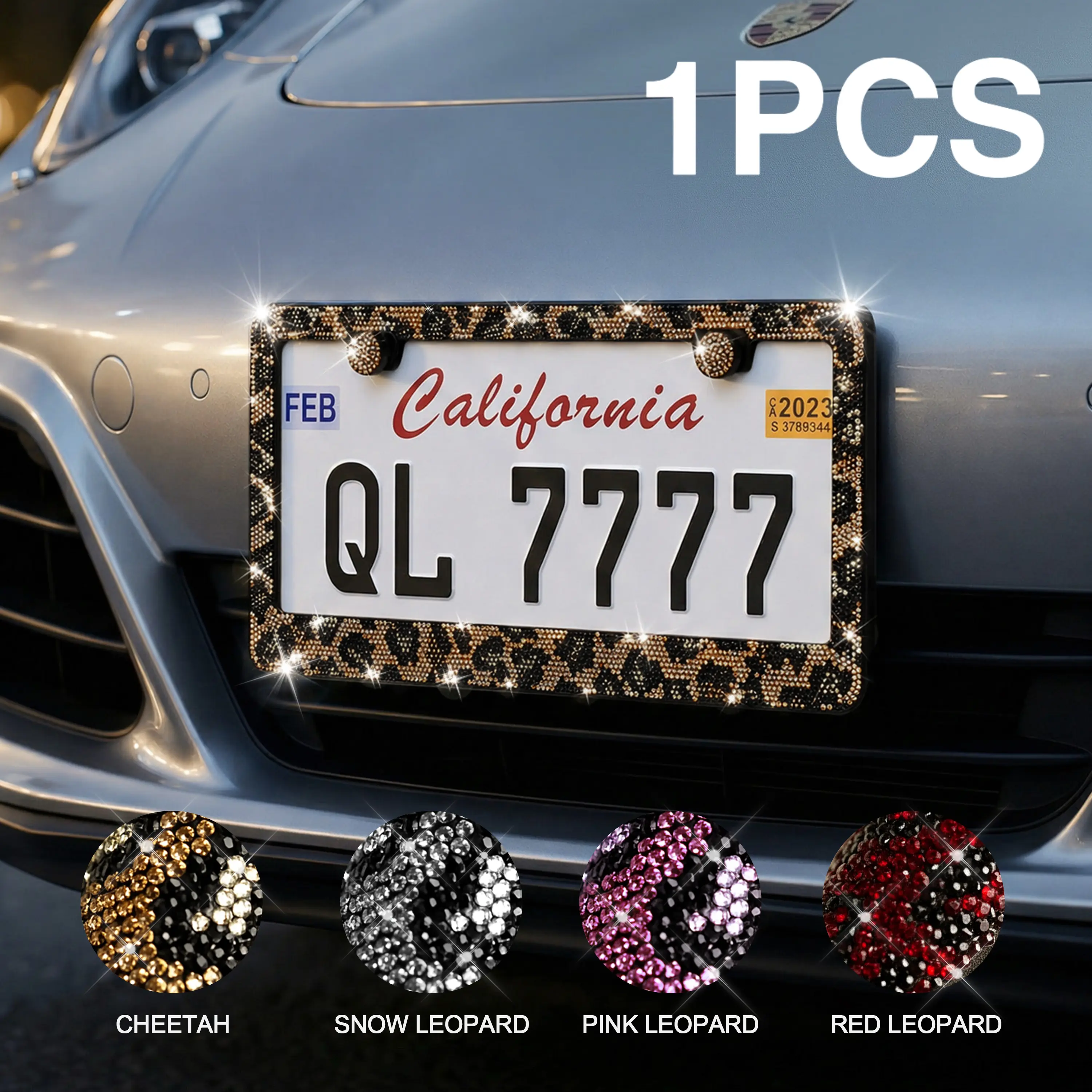 Queen’s Land 1PCS Bling Leopard License Plate Frames with Crystal Rhinestones, Sparkle Girly Car Accessories, Bling Car Decor for Girls Women Pink Red Black Leopard Car Accessories for Truck SUV