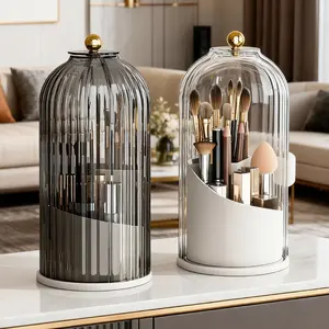 360° Rotating Makeup Brush Holder with Lid, Dustproof Clear Acrylic Cosmetic Organizer for Vanity, Makeup Brushes Storage Case with Gold Knob