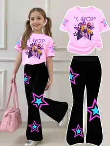 Girls Casual Fashion Set, Creative Personalized Cute Simple Cool Virtual Girl Group Colorful Plaid Star Pattern Letter Slogan Print