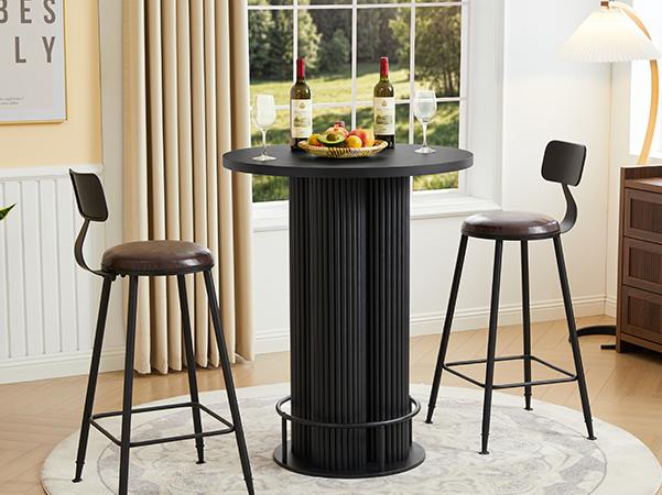 Giratree Bar Table, 39.37" H Round Bistro Table Fluted Pub Table with Base & Metal Ring Footrest Wood Cocktail Desk for Patio, Coffee House, Living Room, Kitchen, Small Space