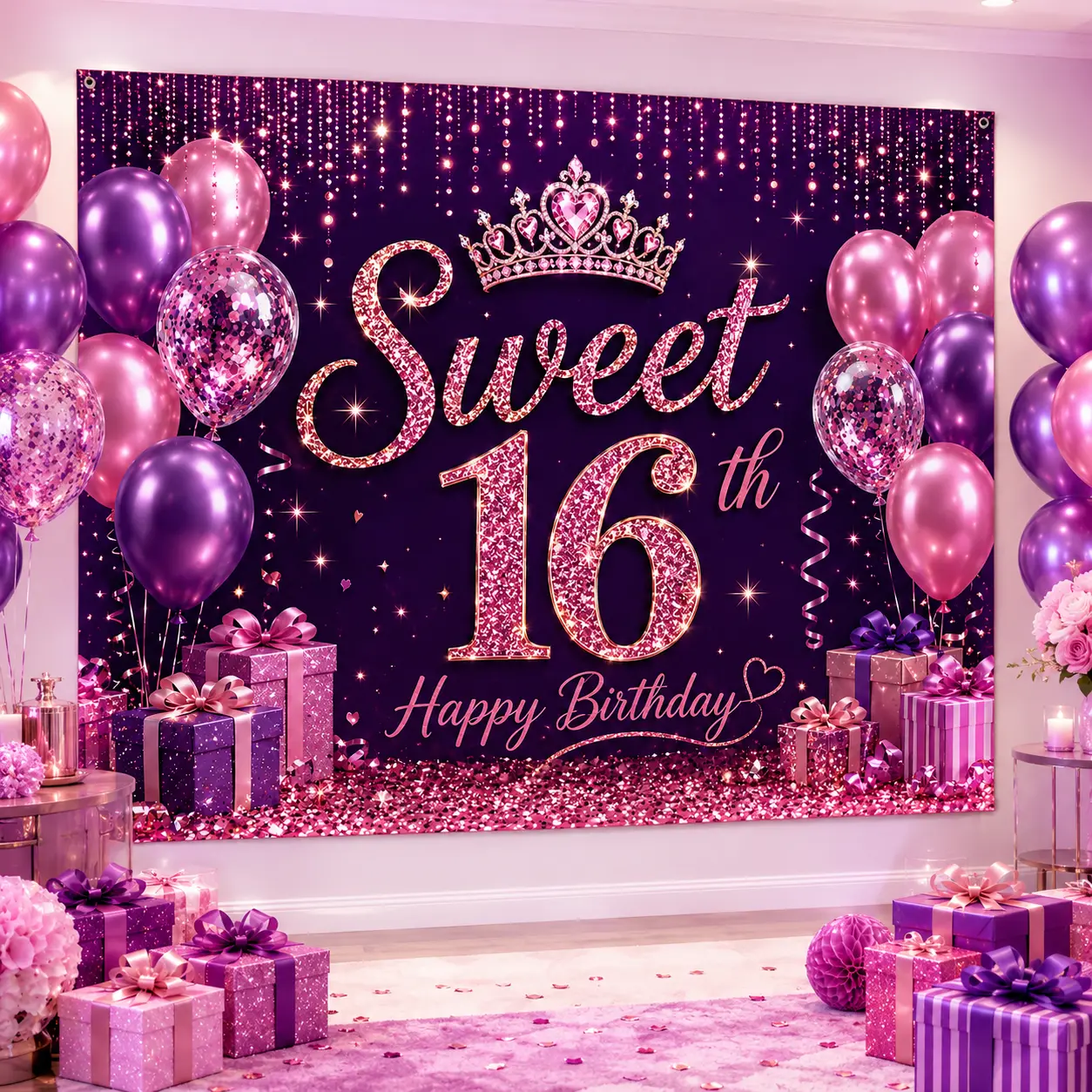Sweet 16 Birthday Backdrop Banner, Glitter Crown Balloon 16th Birthday Party Decorations for Girls, Photo Booth Wall Tapestry