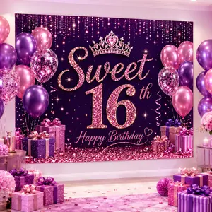 Sweet 16 Birthday Backdrop Banner, Glitter Crown Balloon 16th Birthday Party Decorations for Girls, Photo Booth Wall Tapestry