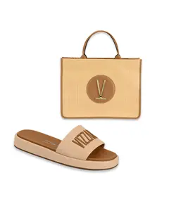 Women's Set Tote Bag & Sandals Beige Woven Design with Camel Details Soft Beige Slide Sandals for Everyday Wear Chic Minimal Versatile Design