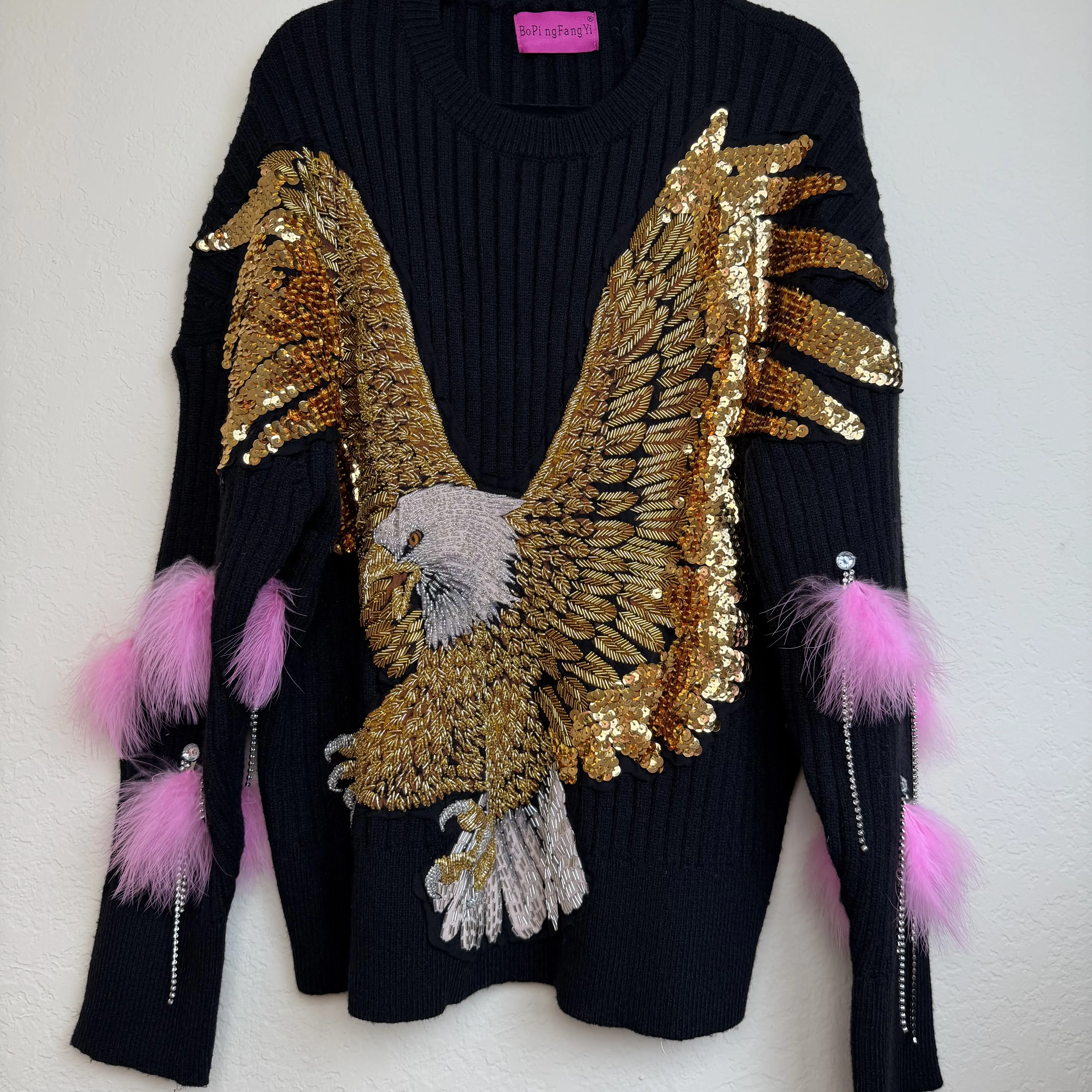 #196Luna Sparkle Women's Clothing Sets - Short & Top Sets with Gold Sequin Wings and Pink Feather Details