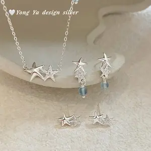 999 Sterling Silver Starfish Necklace & Earrings with Aquamarine, Coastal & Minimalist Jewelry, Instagram-Inspired