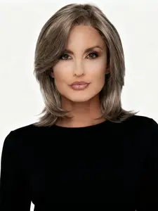 Elegant Women's Dark Grey Wig, Medium Length Straight Hair with Side Part Bangs, Perfect for Daily Wear and New Year Parties Carnival Use