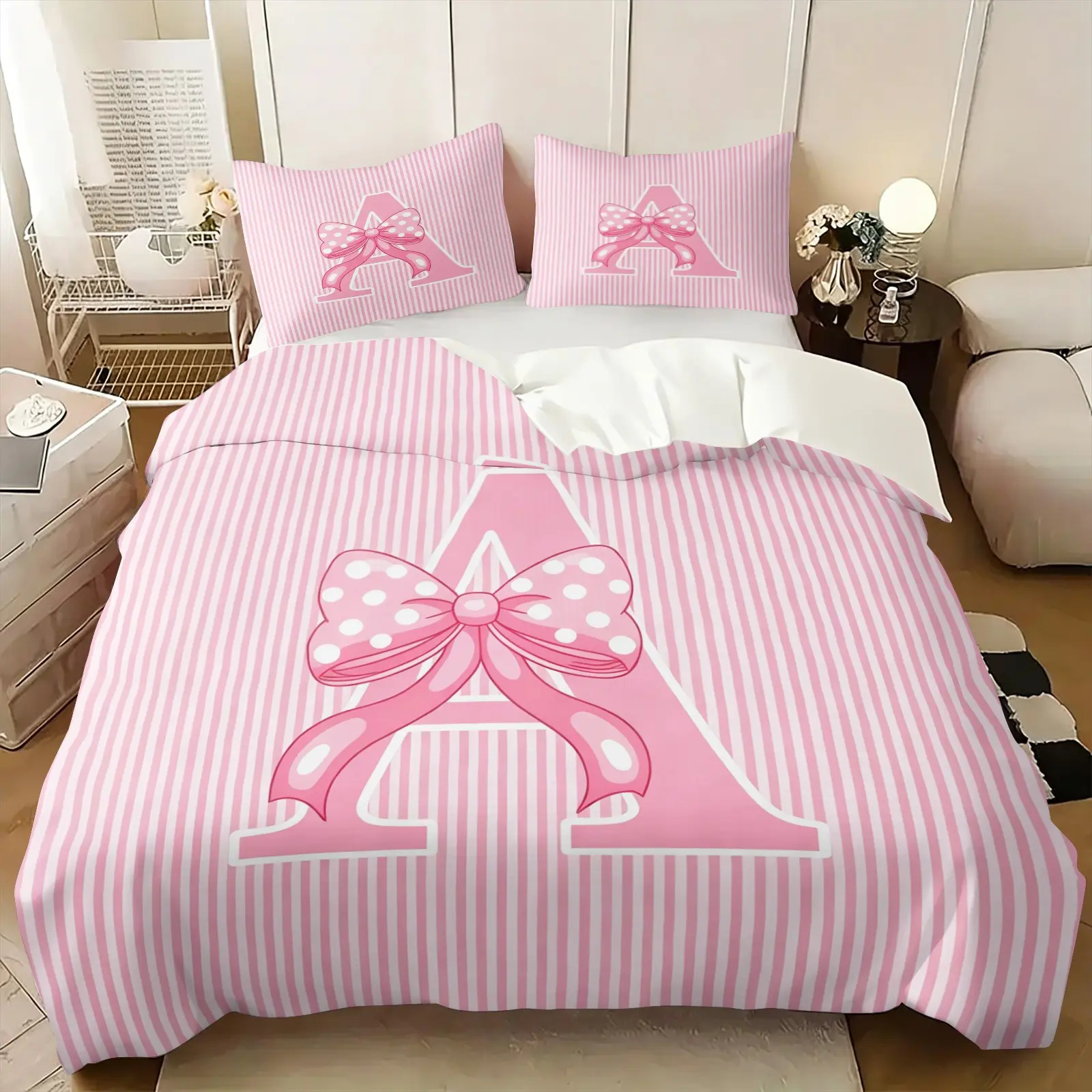 2/3Pcs Pink Polka‑Dot Bow Initial Letter A-Z Duvet Cover Set, Sweet Preppy Coquette Girly Comforter Cover, Cute Pastel Striped Printed Bedding Set with Pillowcases, No Filler, For Teen Girls Women Bedroom Dorm Home Decor