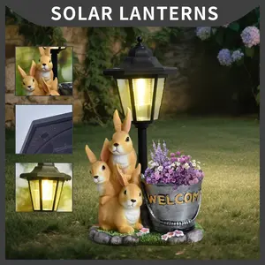 Family Rabbit Resin Solar Light, Animal Statue Figurine, Waterproof Outdoor Garden Pathway Yard Decor Lamp