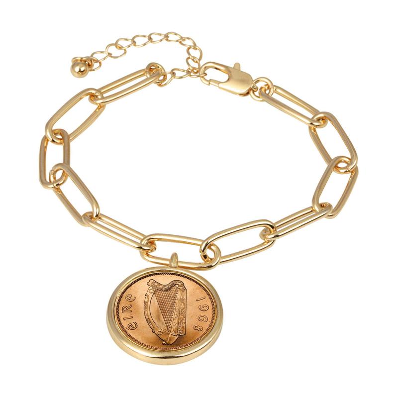 Irish Penny Coin Goldtone Elongated Link Bracel t