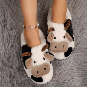 Cozy Fuzzy Cow Slippers for Women - Warm, Soft, and Anti-Slip Rubber Sole Fabric Slippers with Cute Animal Print Design for All-Season Wear - Perfect for Indoor and Outdoor Use