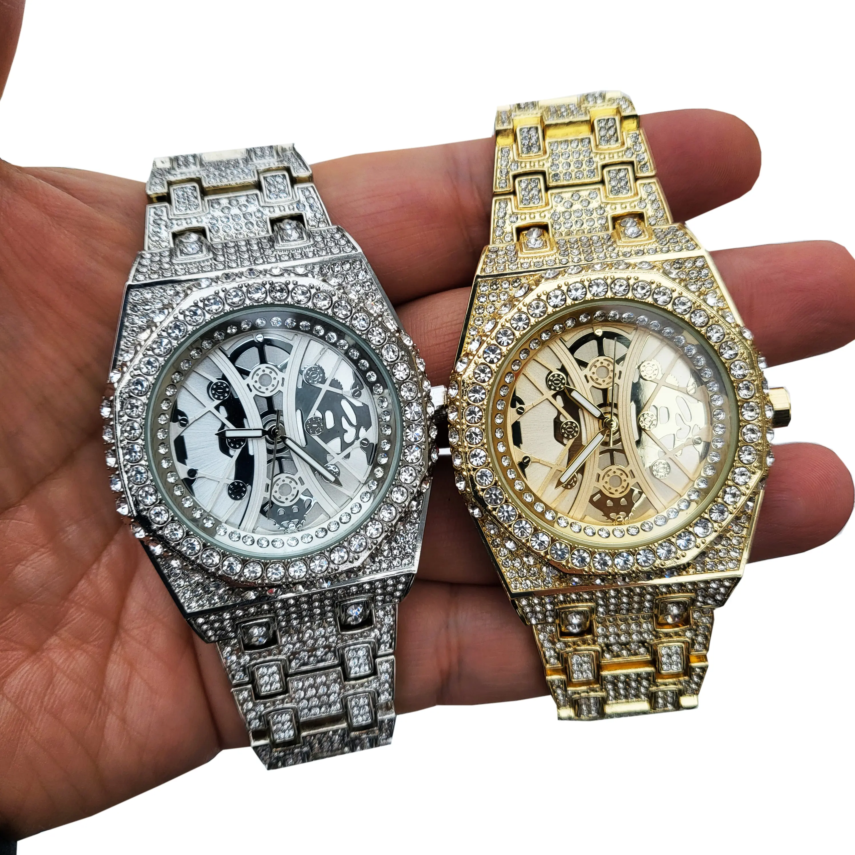 MaxBling81 Men's Luxury Iced-Out Skeleton Dial Quartz Watch - Iced Band, Octagon Bezel, Arabic Numerals, Diamond-Encrusted Movement, Adjustable Links Fashion Accessory, Quartz Watches