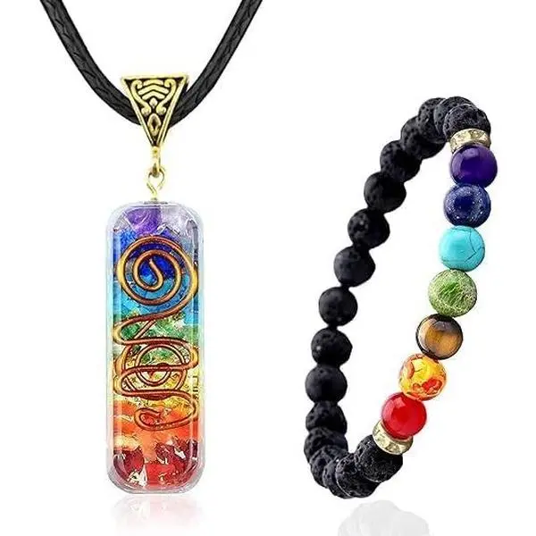 2PCS/Set 7 Chakra Necklace and Bracelet Set for women & men Orgone Healing Pendant with Adjustable Cord – Chakra Necklace and bracelet jewelry set for spiritual healing| Healing Crystal Mothers Day Gift, Birthday Gift for Her
