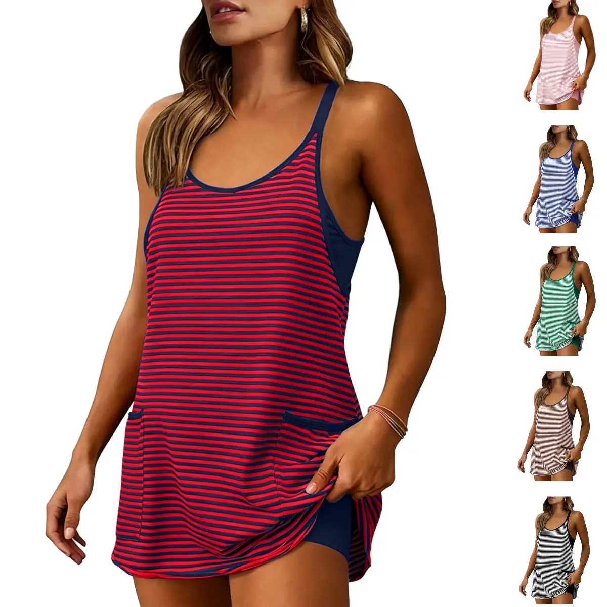 SCUSTY Women's Summer Sleeveless Game Day Striped Mini Dress with Built-in Shorts V Neck Spaghetti Straps Athletic Shorts Tennis Dress with Pockets