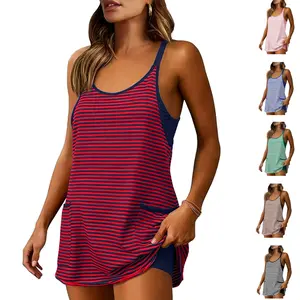 SCUSTY Women's Summer Sleeveless 4th Of July Striped Mini Dress with Built-in Shorts V Neck Spaghetti Straps Athletic Shorts Tennis Dress with Pockets