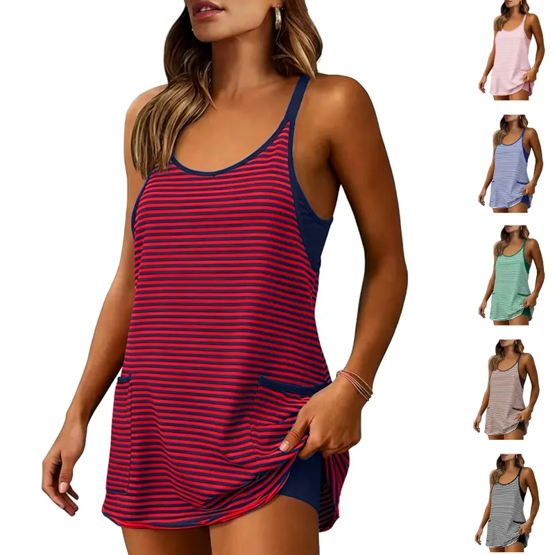 SCUSTY Women's Summer Sleeveless Game Day Striped Mini Dress with Built-in Shorts V Neck Spaghetti Straps Athletic Shorts Tennis Dress with Pockets
