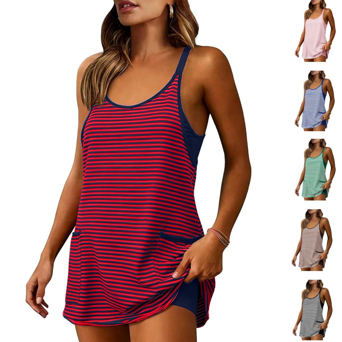 SCUSTY Women's Summer Sleeveless 4th Of July Striped Mini Dress with Built-in Shorts V Neck Spaghetti Straps Athletic Shorts Tennis Dress with Pockets
