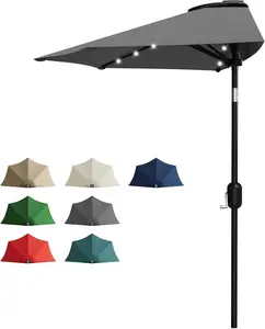 Patio Umbrella 9FT - Half Umbrella Outdoor with Solar LED Lights and Smooth Crank Lift, Outdoor Shade Canopy for Patio, Backyard, Garden, Deck, Balcony -Gray