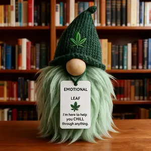 1 Emotional Encouragement and Support Cannabis Gnome—Your little cannabis companion, a fun mini gnome figurine featuring a cannabis leaf beanie and an inspirational tag, a unique desk decoration