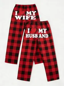Classic Couple Design Pajamas, Plaid, I Love My Wife/husband Print, Comfortable Breathable Fabric, Loose Fit, All Seasons