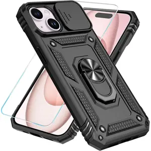 SunStory Compatible with iPhone 15 Case with HD Screen Protector & Slide Camera Cover & Rotated Ring Kickstand, [Military-Grade] Phone Case for iPhone 15,Black