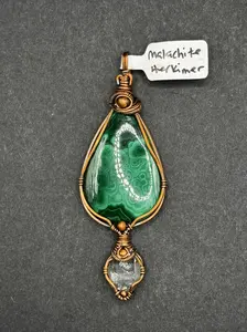 MALACHITE & HERKIMER DIAMOND | Artisan Copper Wire Wrapped Pendant | Wearable Art | Size: Extra Large